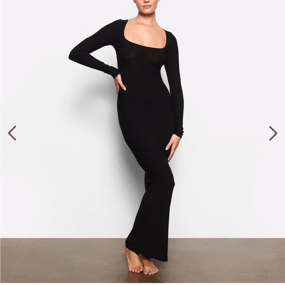 SKIMS Lounge Ribbed Long Sleeve Maxi Dress in Onyx Black Size X-Small